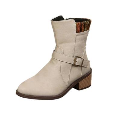 Imagem de Bota feminina de inverno casual plus size confortável bico redondo com zíper lateral salto baixo, Bege, 39