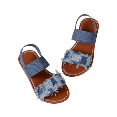 Imagem de GORGLITTER Sandália jeans feminina com acabamento cru, bico aberto, tira no tornozelo, sandálias rasteiras fofas jeans, Azul, 12.5 Big Kid