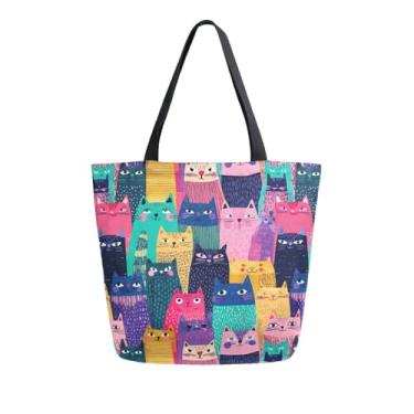 Imagem de Vuiyean Sacola feminina colorida desenhada à mão com bolso com zíper, reutilizável, sacola de compras de supermercado, bolsa de ombro grande para viagem, bolsa casual