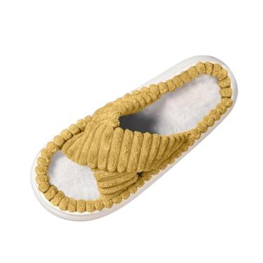 Imagem de Chinelos femininos de inverno com alças peludas, casuais, para uso doméstico, plano e externo, faixa cruzada de pelúcia macia, faixa de tamanhos de superfície disponível, Amarelo, 40