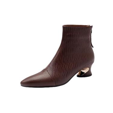 Imagem de TinaCus Bota feminina de cano curto feita à mão com zíper nas costas, salto grosso, couro legítimo, cano curto, Marrom, 40