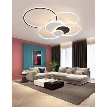 Imagem de Luminária de teto LED moderna e redonda de 125W com controle remoto, dimerizável, com moldura em anel dourado e branco. Design minimalista e elegante para sala de estar, hall de entrada e es