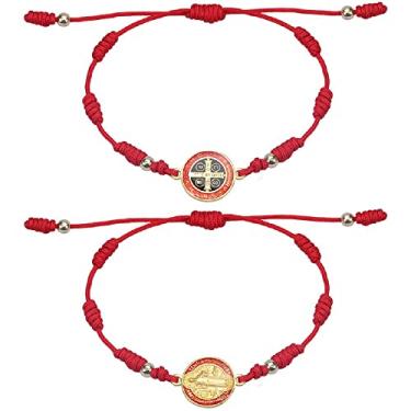 Imagem de COLORFUL BLING Conjunto de 4 pulseiras com nó vermelho Virgem Maria/São Bento/São Judas com cordão ajustável, medalha de proteção de oração para mulheres, joias religiosas católicas da sorte, 12.6