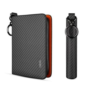 Imagem de T-carbon Porta-cartão de crédito com zíper, carteira com bloqueio de RFID para homens e mulheres, porta-cartões de visita de couro de fibra de carbono, 24 compartimentos para cartões, laranja