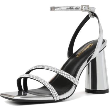 Imagem de RIBONGZ Sandálias femininas de salto alto quadradas grossas de salto alto com tiras de salto alto com tiras no tornozelo, sapatos de noiva de casamento e salto alto para vestido de festa, Prata