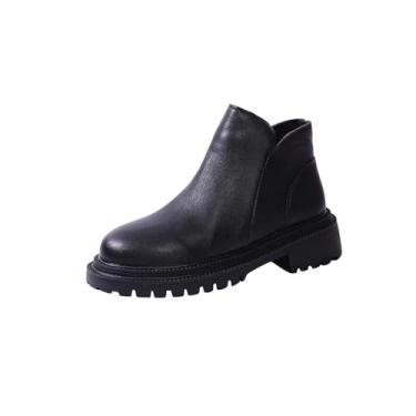 Imagem de Botas femininas com zíper lateral plus size outono inverno estilo moderno salto redondo botas curtas botas cano curto, Preto, 35
