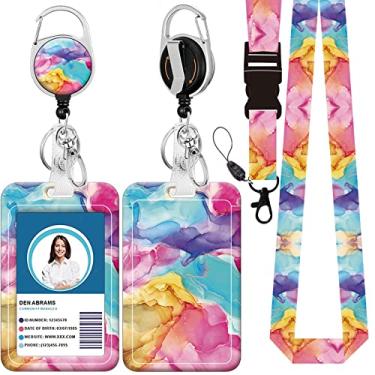 Imagem de Cordão de crachá, suporte retrátil para crachá com mosquetão e clipe de cinto, cordão com fecho lagosta para porta-crachás, presente de escritório para enfermeiras e professores (BLC-mármore colorido)
