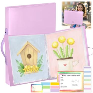 Imagem de DOSTATNI Organizador de memória escolar 28 x 40 cm para crianças K-12, armazenamento de portfólio de arte com 40 protetores de folha transparente A3, aba de etiqueta e adesivos de nome, pasta de