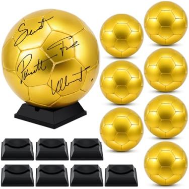Imagem de Hiboom Bola de futebol autografada dourada com suporte de exibição bomba de ar para aniversário de troféus, festa de campeonato de treinamento universitário de ensino médio (tamanho 5, ouro, 8 peças)