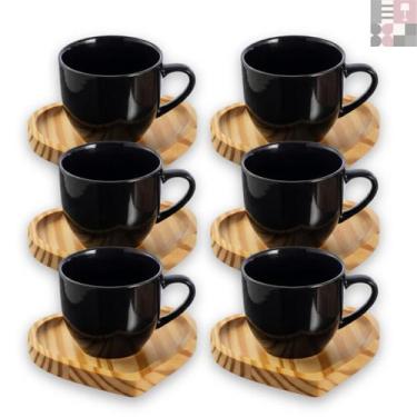 Imagem de Kit Jogo 6 Xícaras de Café Em Porcelana Com Pires Coração Em Madeira P