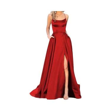 Imagem de Vestido Longo De Madrinha Azul Marinho Com Alças Finas E Fenda Para Mu