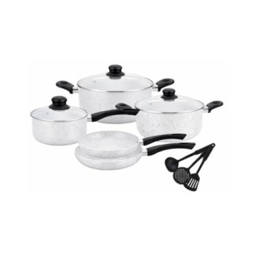 Imagem de Conjunto de Panelas Antiaderente com Efeito Granito, de Alumínio, de Indução e a Gás, Cinza, Grafite e Branca, com Tampa de Vidro, Inclui 3 Utensílios (Espátulas) de Cozinha (Branca)