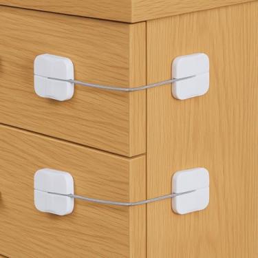 Imagem de Pacote com 4 fechaduras de armário à prova de bebê, Maveek fechaduras de gaveta à prova de crianças, trava de geladeira branca de botão duplo, armário de banheiro, cômoda, cozinha, geladeira, porta