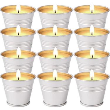 Imagem de Velas de citronela ao ar livre, pacote com 12 velas de citronela feitas com óleos de citronela e cera de soja natural, tempo de queima de 180 horas, velas pequenas de balde de 59 ml para pátio, casa
