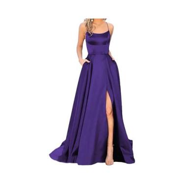 Imagem de Vestido Longo Azul Marinho Com Alças Finas E Fenda Para Madrinhas, Ves