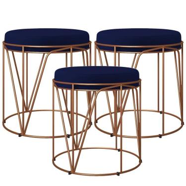 Imagem de Kit 03 Puffs Decorativo Aramado Bronze Zaya L02 Azul Marinho