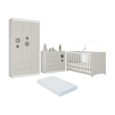 Imagem de Quarto De Bebê Completo Berço Americano 3 Em 1 Colchão Pirulito Multimóveis MP4637 Branco-off White