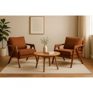 Imagem de Kit 2 Poltronas Mona Luxo Madeira Maciça Linho Terracota Para Sala De Estar Decorativa Moderna