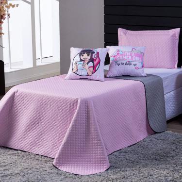 Imagem de Kit Cobre Leito Colcha Casal Padrão Girl Gamer Rosa/cinza Dupla Face Com Almofadas Esta...