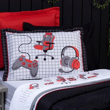 Imagem de Jogo De Cama Lençol Solteiro Game Streamer Branco/vermelho Com Fronha E Virol Estampados 03 Peças - Percal 200 Fios