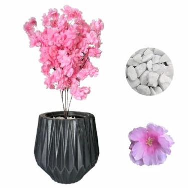 Imagem de Flor Cerejeira Pessegueiro Artificial + Vaso Origami Pedra - Preto - R