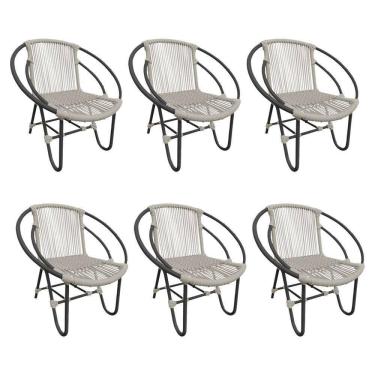 Imagem de Kit 6 Cadeiras Decorativa Julia Em Corda Náutica E Base Em Alumínio Preta- Areia