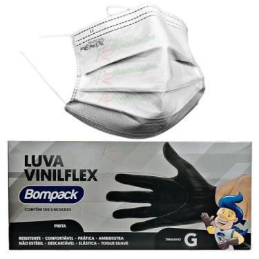 Imagem de Mascara Tripla Camada Descartável Branca+ Luva Vinil Preta G - Bompack