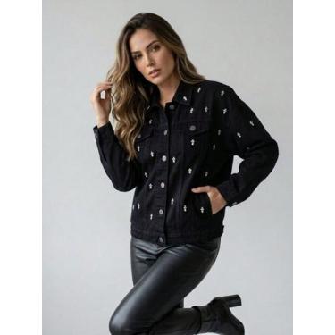 Imagem de Jaqueta Jeans Preta Maxxi Oversized Feminina com Aplicação Gota e Stra