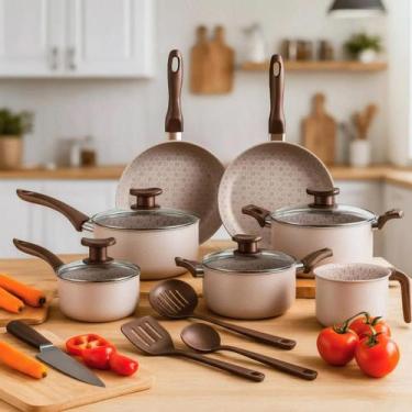 Imagem de Jogo De Panelas 10 Peças Antiaderente Teflon ivory  Linha Familiar Par