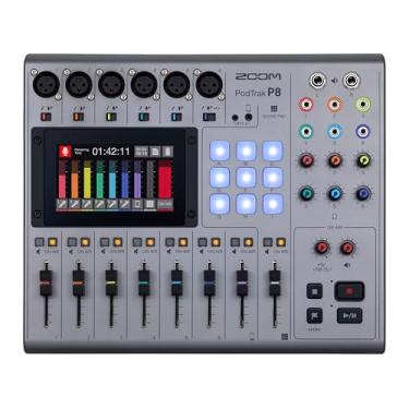Imagem de Zoom PodTrak Gravador de podcast P8, 6 entradas de microfone, 6 saídas de fone de ouvido, entrada de telefone, pads de som, edição integrada, gravação para cartão SD, interface de áudio USB, alimentado por bateria