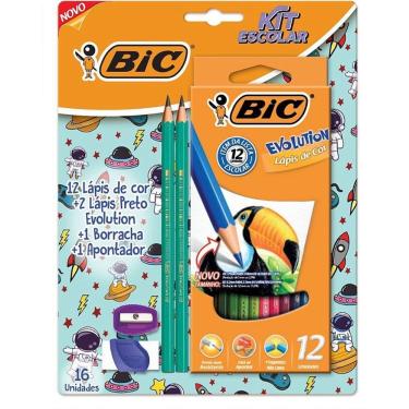 Imagem de Kit Escolar BIC Básico Evolution Lápis de Cor Preto Borracha Apontador 16 Unidades