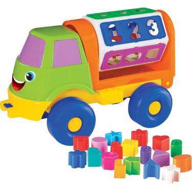 Imagem de Brinquedo Educativo Caminhão Sorriso com Puxador e Peças de Encaixe Geométricas Mercotoys