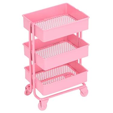 Imagem de Dollhouse trolley Rack, 1:12 escala metal móvel moderno retângulo estilo Dollhouse 3 tier rack de armazenamento para crianças(cor de rosa)