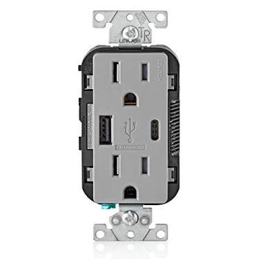 Imagem de Leviton T5633-GY Carregador USB de parede tipo A e tipo C com tomada de 15A, carregador USB para smartphones e tablets, cinza