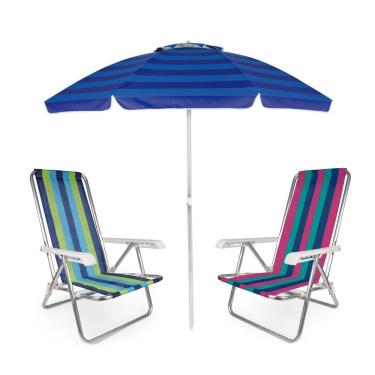Imagem de Kit Praia Guarda Sol Articulado 2m Cadeira Reclinável 4 Posições De Alumínio - Mor