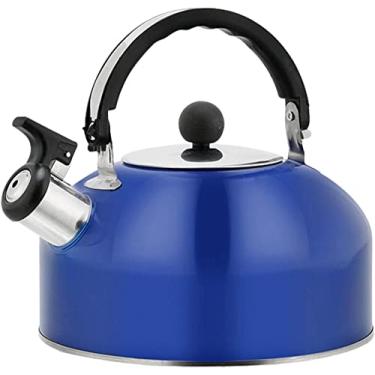 Imagem de REJOON Chaleira de chá com apito | Bule de chá de 1,8 litros para fogão | Chaleira de aço inoxidável para acampamento | Bule de chá de qualidade alimentar com alça ergonômica para fogão (cor: azul escuro)