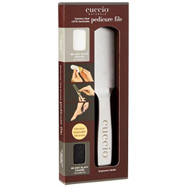 Imagem de Cuccio Kit de lixa de pedicure reutilizável de aço inoxidável Naturale – Inclui 15 refis abrasivos descartáveis pretos 80 e 15 brancos 180 grãos – 100% higienizável com alça ergonômica