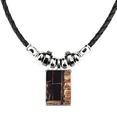 Imagem de DIYthinker Colar com foto de gato de canto de animal, joia com pingente de corda de couro