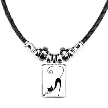 Imagem de DIYthinker Colar de gato preto elástico Halloween arte animal contorno joia Torque pingente de corda de couro