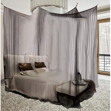 Imagem de Rede mosquiteira de 4 cantos, 4 cantos tamanho universal durável cama de poliéster mosquiteiro, camas dobráveis para cama casal a king size (preto)