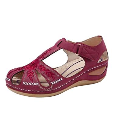 Imagem de Sandálias femininas de salto anabela, multicolorido, bordadas, chinelos, sandálias femininas de verão, Vermelho, 6.5-7