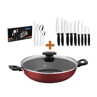 Imagem de Kit - Panela Wok Alumínio 28cm + 1 Conjunto Facas 9pç + 1 Faqueiro Inox 24pç - Tramontina
