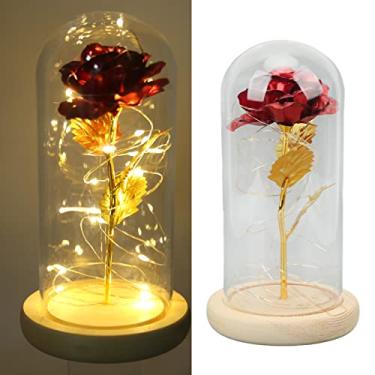 Imagem de Rosa Vermelha e Cúpula de Vidro, Brilhante, Rosa Eterna, Belo Simbolismo, Base de Madeira da Sorte, Romântico Com Luz LED para Decoração de RV Datas (Folha de ouro rosa vermelha)
