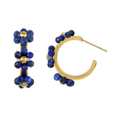 Imagem de Brincos femininos SUEBUE 3 mm de pedra preciosa lápis-lazúli azul natural banhado a ouro 14 K com 3 flores C Silvershake, Small, Aço inoxidável Aço inoxidável Banhado a ouro 14K, lápis-lazúli azul