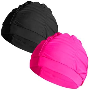 Imagem de 2 toucas de natação de tecido preto e vermelho rosa para mulheres, touca de banho elástica não impermeável de tecido durável para cabelos longos