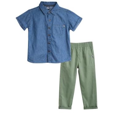 Imagem de DKNY Conjunto de calças para meninos - 2 peças de camisa de botão de manga curta e calça de lona - Conjunto de roupa para meninos (2-7), Lavagem leve, 7
