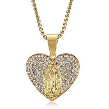 Imagem de NEGS Colar feminino com pingente de medalha milagrosa cristã da Virgem Maria banhado a ouro 18 K, corrente de 50 cm, amuleto religioso de Bento Nossa Senhora de Guadalupe, presente, Aço inoxidável