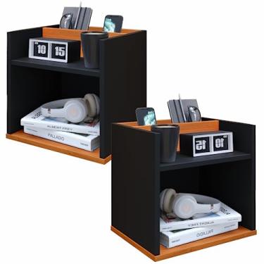 Imagem de Kit Conjunto Mesa De Cabeceira Dois Criado Suspenso Com Nicho - Cores (Preto/Cinamomo)