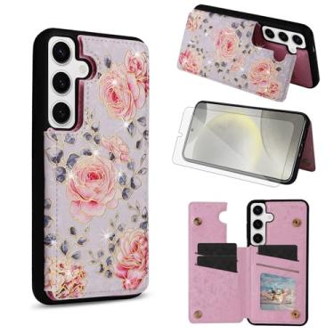 Imagem de Asuwish Capa de celular para Samsung Galaxy S24 5G carteira com protetor de tela de vidro temperado flor luxuosa couro PU porta-cartão de crédito suporte suporte S 24 24S G5 mulheres meninas rosa