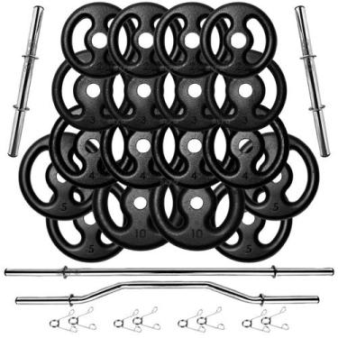 Imagem de Kit 76Kg Anilhas de Ferro com Barras 40cm e 150cm + Barra W 1,20m - SE